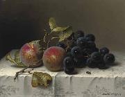 Johann Wilhelm Preyer Prunes and grapes on a damast tablecloth Spain oil painting artist